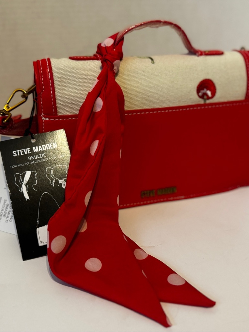 Steve Madden Red and Cream Top-Handle Satchel with Polka Dot Scarf